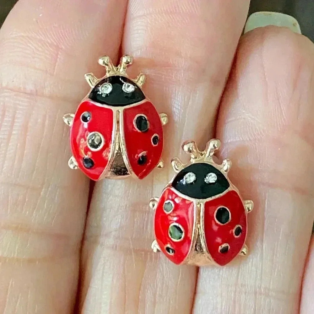Ladybug Black Red Gold Stud Earrings NEW